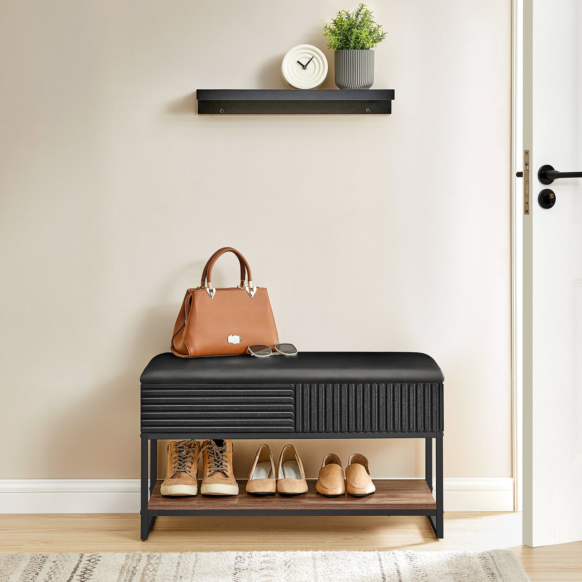 Elegant Skobænk med Opbevaring i Brun og Sort - Stilfuld Design