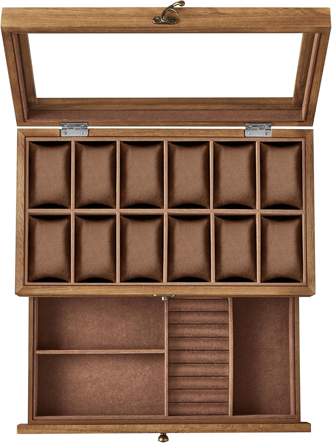 Urkasse I Rustik Valnød Med 12 Rum 2-etagers Trædesign Med Stor Glaslåg Perfekt Til Opbevaring Af Ure Og Smykker Mål Ca 34 X 19 X 125 Cm