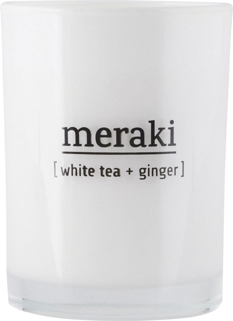 Duftlys Meraki White Tea  Ginger ø8?h105 Cm  -  Soyavoks Hvidt Glas 35 Timers Brændetid  5707644420885