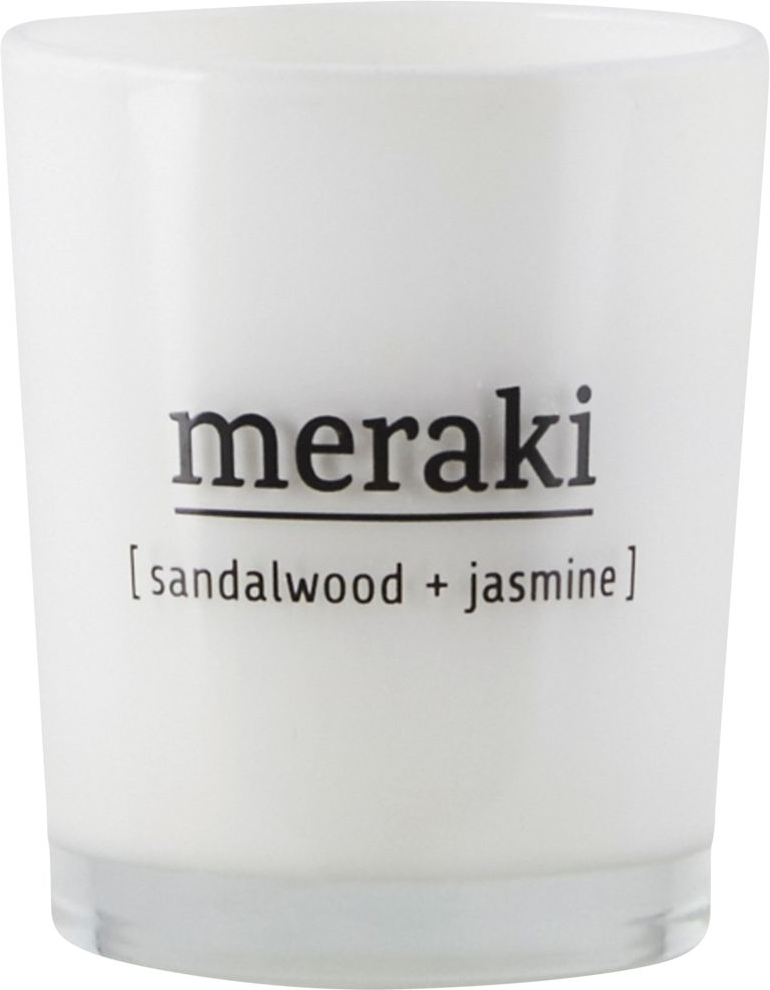 Duftlys Meraki Sandalwood  Jasmine  -  Sojavoks I Hvidt Glas ø55 X H67 Cm Brændetid 12 Timer  5707644420908