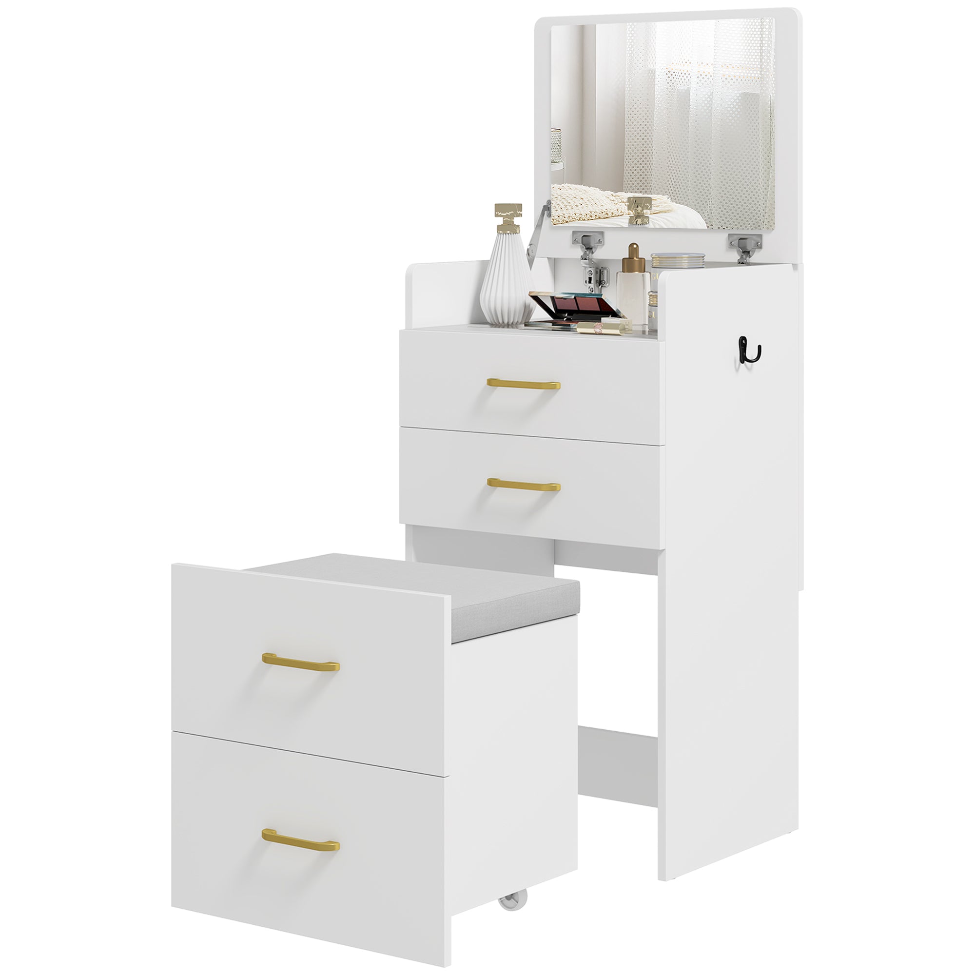 3-i-1 Toiletbord med Spejl og Skuffer - Hvid Elegance
