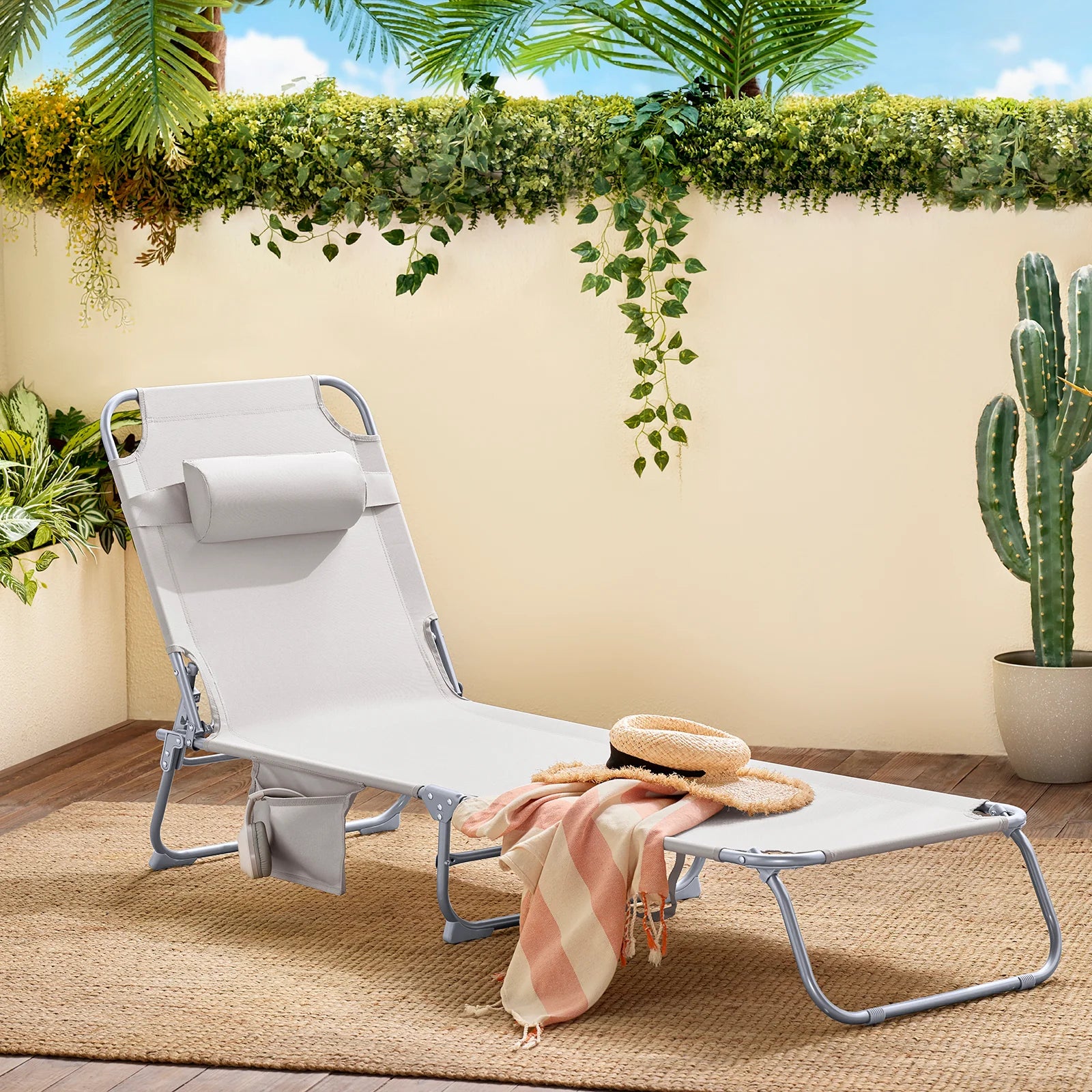Foldbar Solstol Med Nakkepude  -  Til Have Og Altan Beige