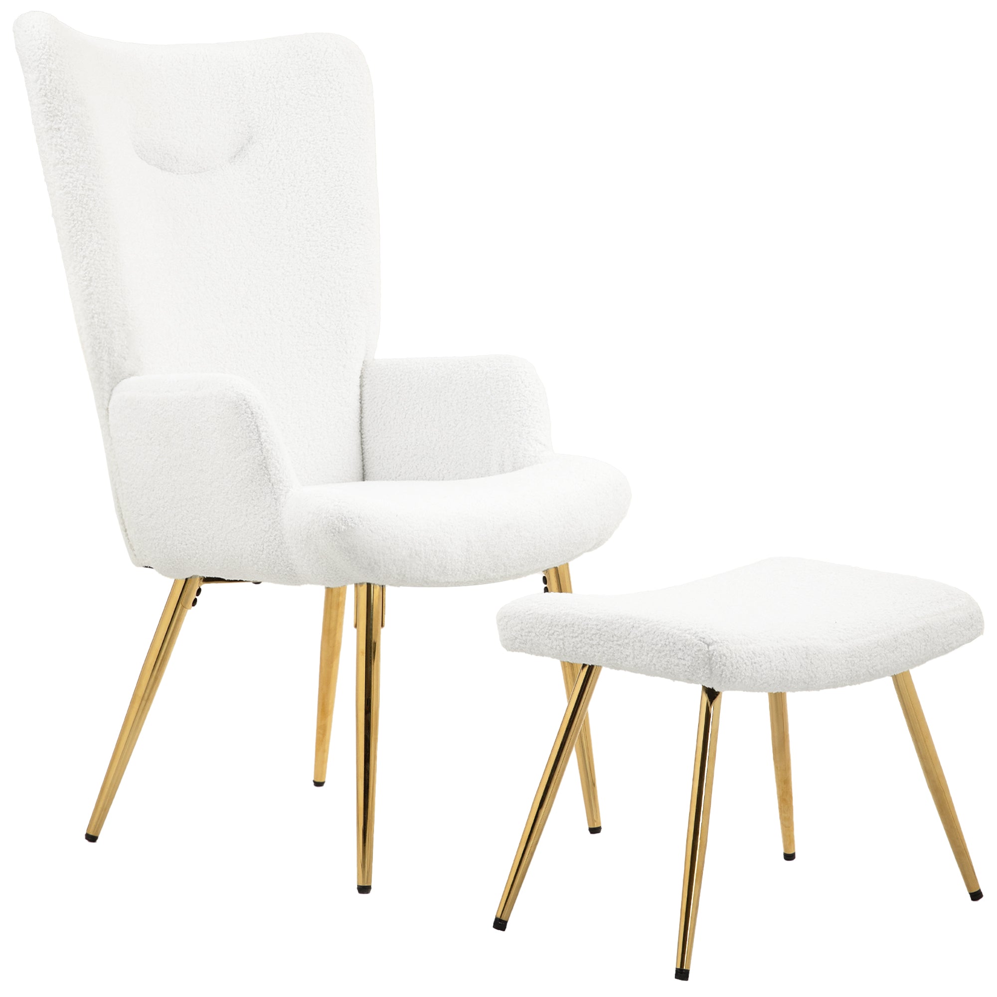 Wingback-stol Med Fodskammel Høj Ryg Sherpabetræk Forgyldte Metalben Op Til 120 Kg Hvid  4255826802550