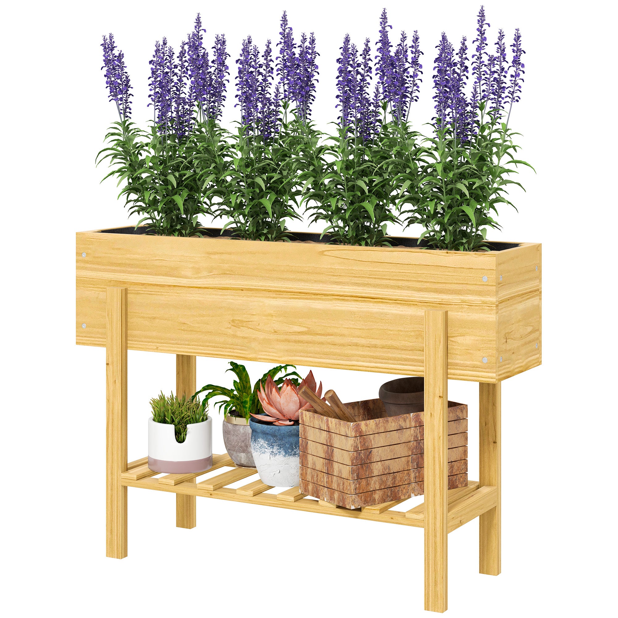 Blomsterkasse Med Nederste Hylde Træbed Med Fleeceforing Og Drænhuller 100 X 30 X 705 Cm Naturtræ  4255826880251