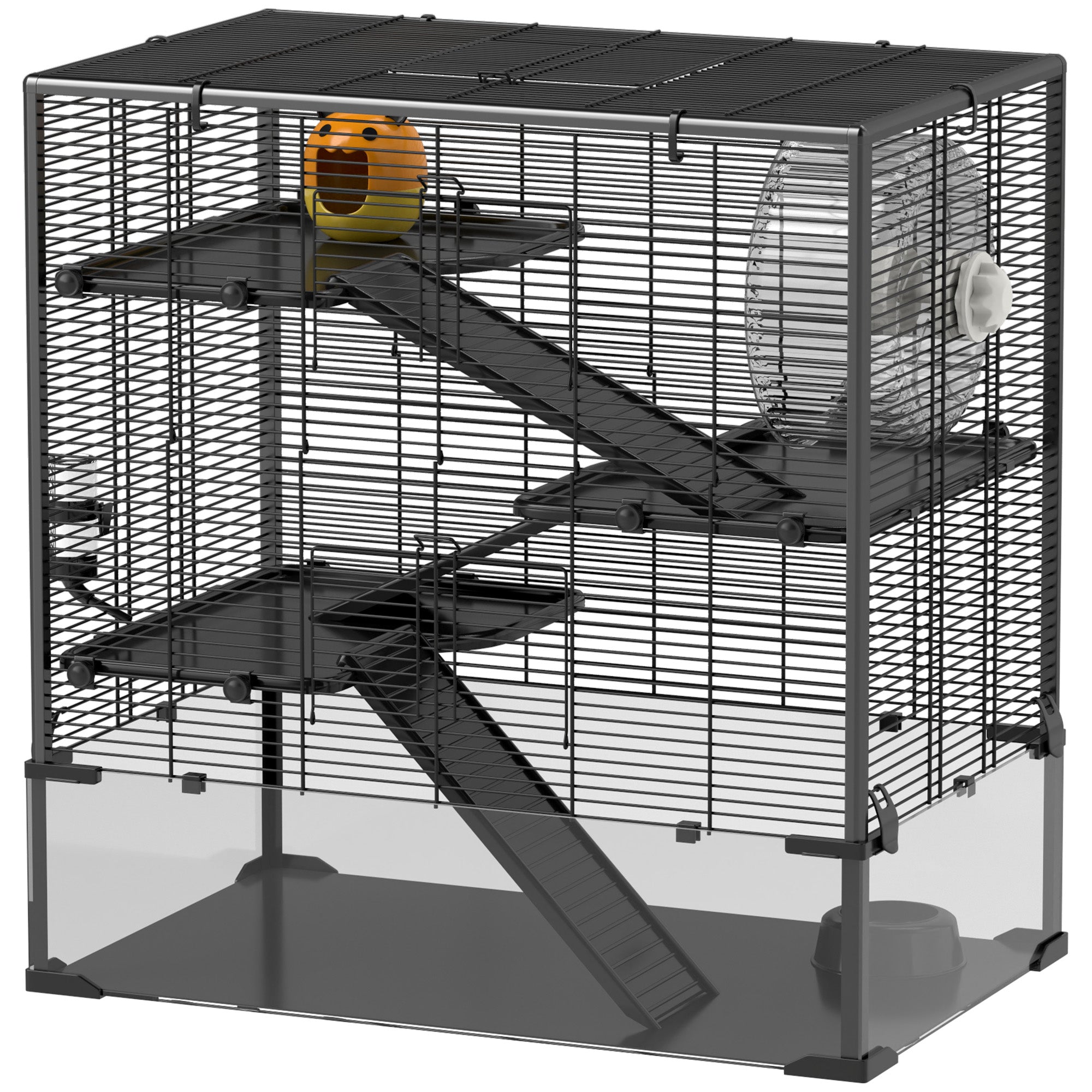 Hamsterbur Med Glasbund 4-etagers Hamsterbur Med Bur Og Tilbehør 785l X 485b X 80h Cm Sort  4255826804585