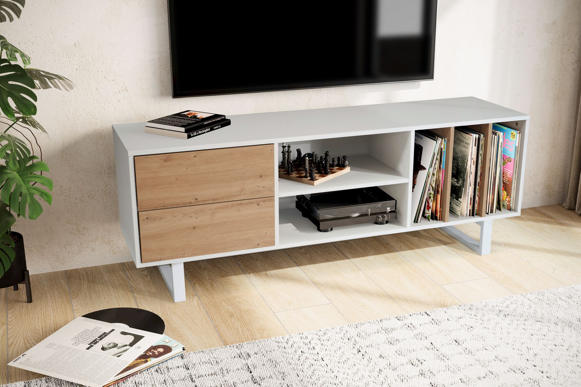 Moderne TV-bord i hvid med egedekor - Stilfuldt design