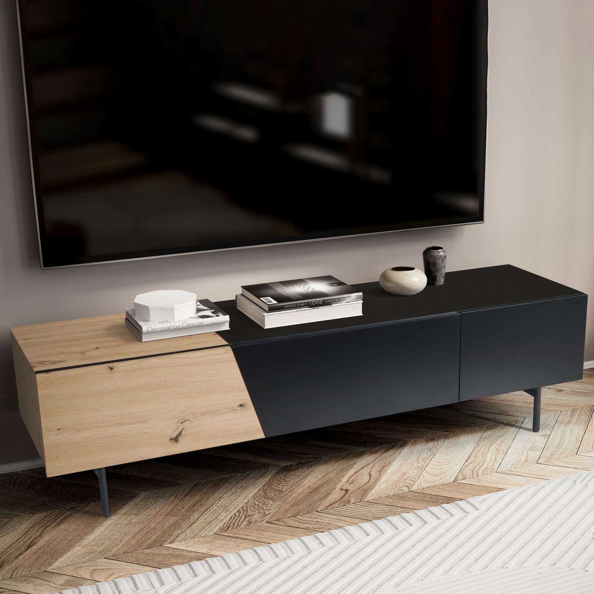 Moderne TV-bord i sort med egedekor - 150x40x40 cm