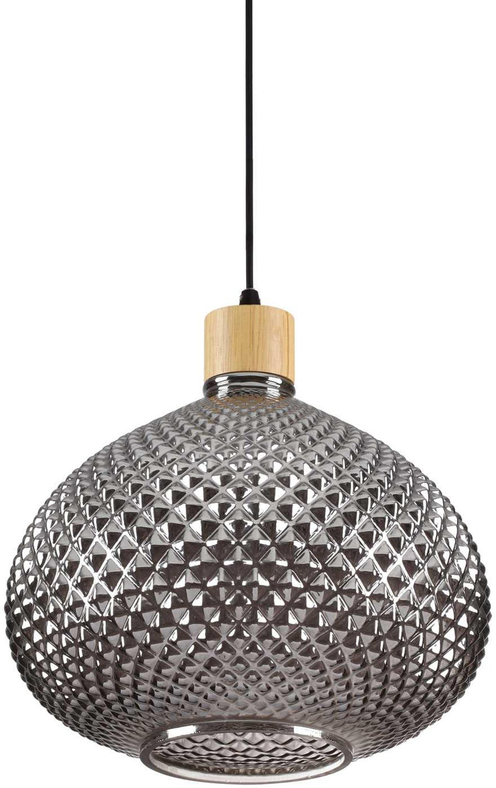 Pendel Lampe Ideal Lux Bergen ø300 Mm Røgsort Glas Og Træ Design  8021696238920