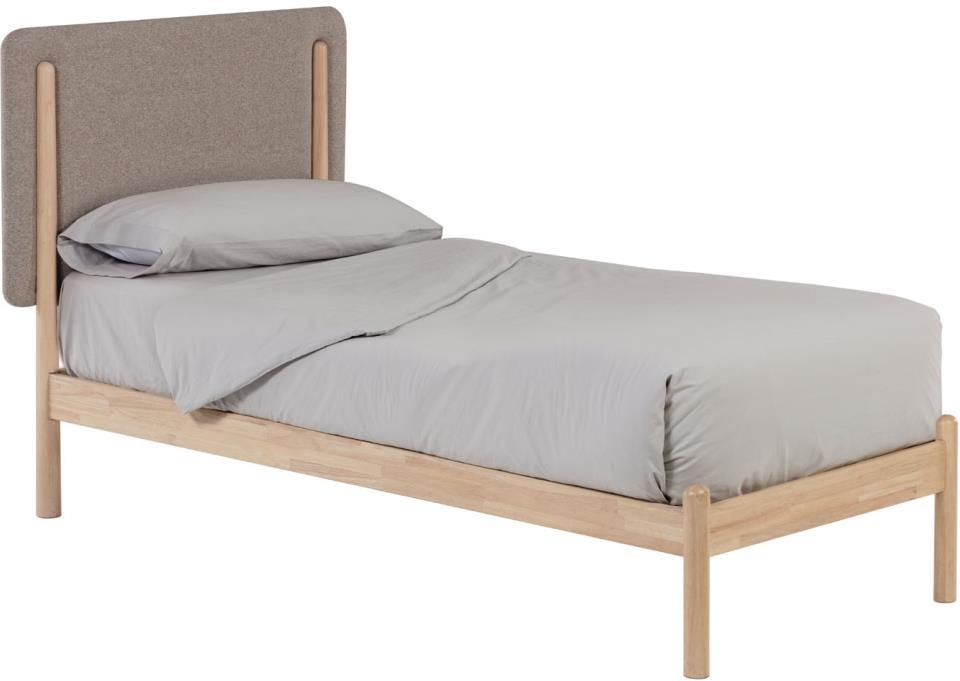 Enkeltseng Kave Home Shayndel Med Polstret Pletresistent Hovedgærde Grå Natur Robust Gummitræramme Til 90x190 Cm  8433840603643