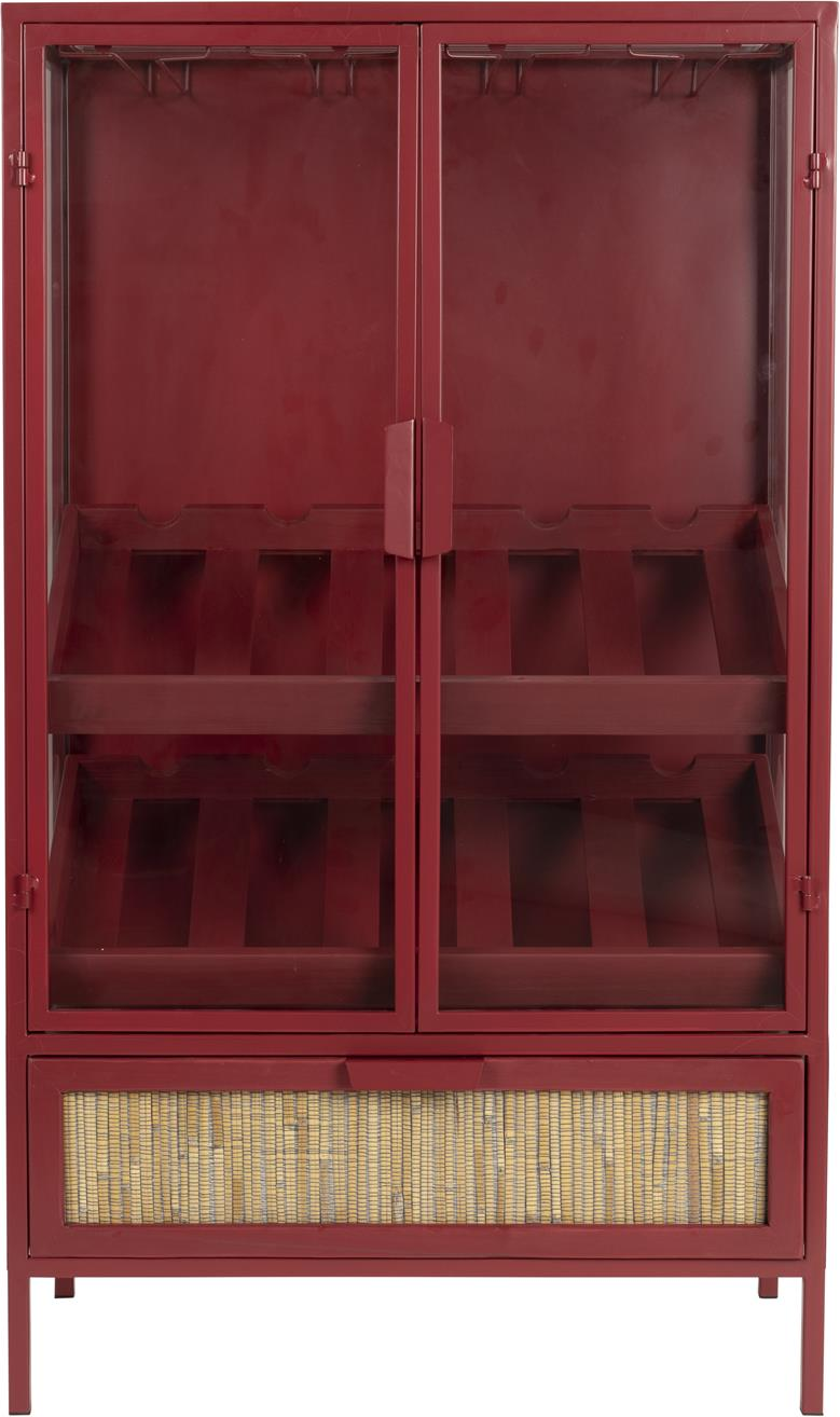 Vinskab Dutchbone Cabinet Vinrød I Cyprestræ  Jern H103 X B35 X L605 Cm Med Glasdøre  Rattan Skuffe  8718548081666