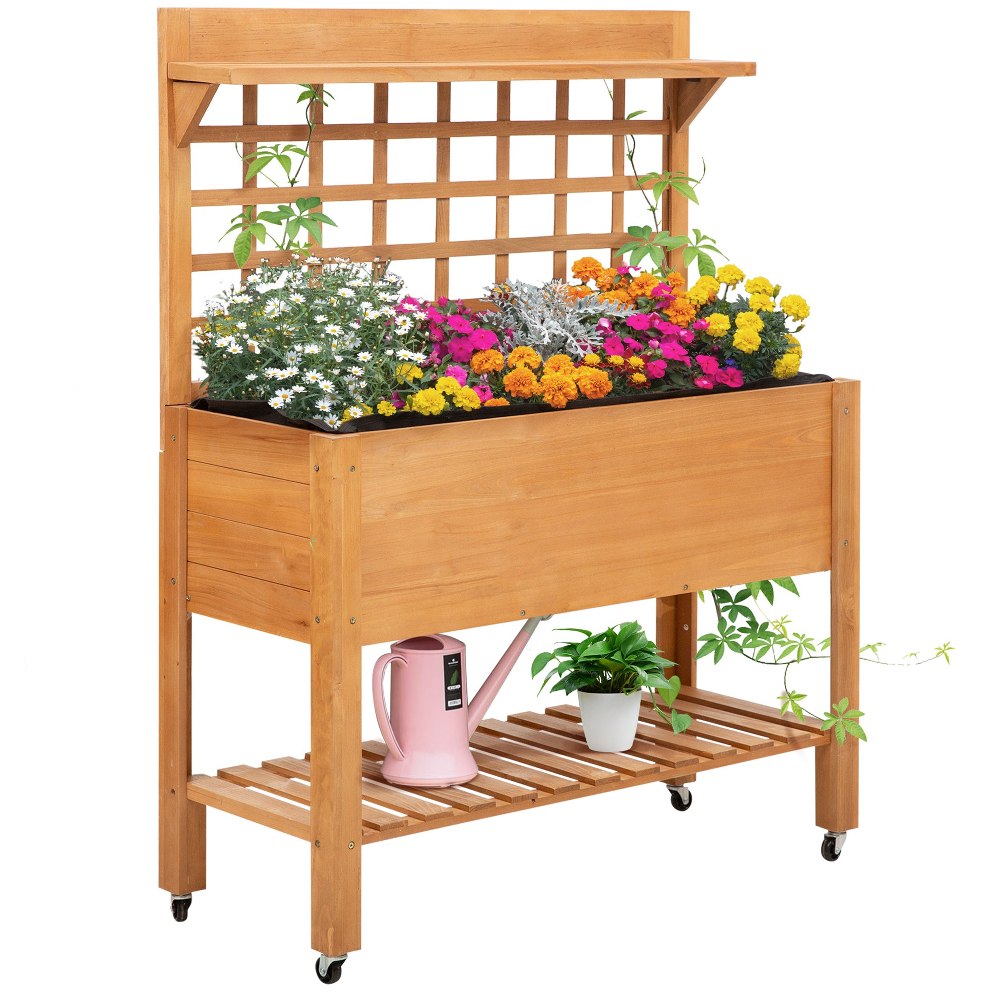Højbed Plantebord Blomsterbord Arbejdsbord Havebord Drivhus Træ Plantebord Til Have Balkon 105 X 40 X 135 Cm Gran Ikke-vævet Stof Brun  4251774978972