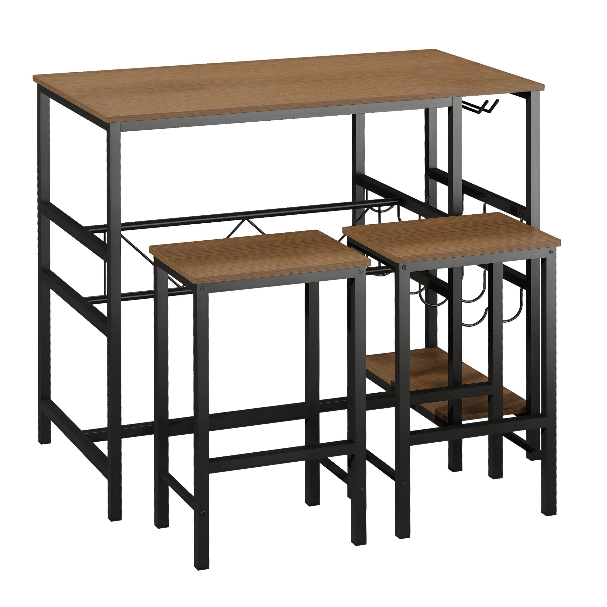 Barbordsæt Højbord Med 2 Barstole 3-delt Bordsæt Køkkenbord Med Flaskeholder Spånplade Stål Naturligsort 108 X 60 X 95h Cm  4251774974158